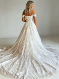Off Shoulder Lace Short Sleeve Floral Wedding Dress White