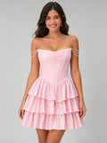 Off The Shoulder Pearl Corset Tiered Ruffle Mini Homecoming Dress Pink