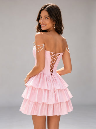 Off The Shoulder Pearl Corset Tiered Ruffle Mini Homecoming Dress Pink
