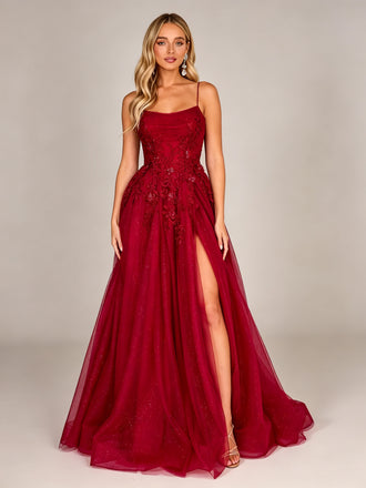 Burgundy Spaghetti Strap Lace Applique High Slit Prom Dress Burgundy