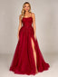 Burgundy Spaghetti Strap Lace Applique High Slit Prom Dress Burgundy
