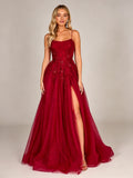 Burgundy Spaghetti Strap Lace Applique High Slit Prom Dress Burgundy