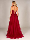 Burgundy Spaghetti Strap Lace Applique High Slit Prom Dress Burgundy