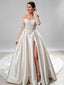 Off Shoulder Lace Long Sleeve Satin High Slit Wedding Dress White