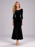 Off The Shoulder Black Velvet Long Sleeve Midi Trumpet Evening Dress Black