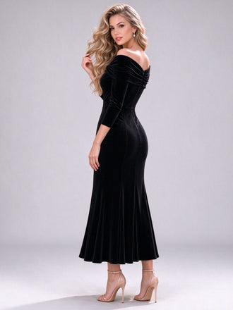Off The Shoulder Black Velvet Long Sleeve Midi Trumpet Evening Dress Black