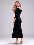 Off The Shoulder Black Velvet Long Sleeve Midi Trumpet Evening Dress Black