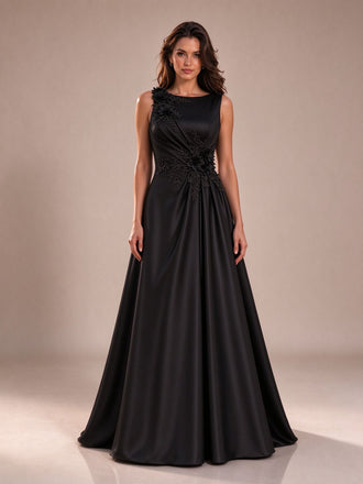Floral Appliqued Sleeveless Pleated Satin Evening Dress Black
