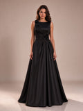 Floral Appliqued Sleeveless Pleated Satin Evening Dress Black