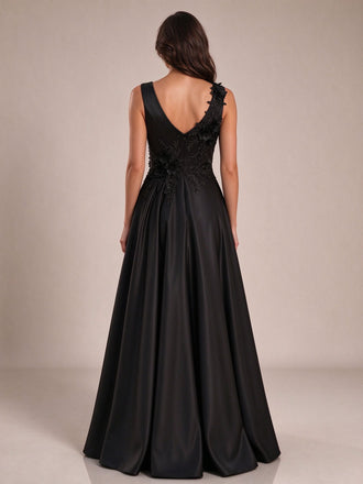 Floral Appliqued Sleeveless Pleated Satin Evening Dress Black