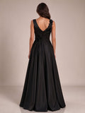 Floral Appliqued Sleeveless Pleated Satin Evening Dress Black