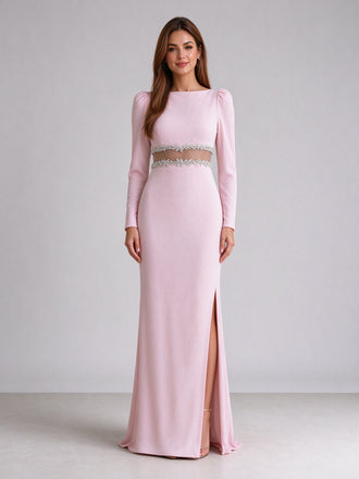 Long Sleeve Crepe Crystal Cutout High Slit Maxi Evening Dress Pink Pink