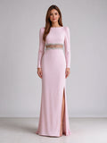 Long Sleeve Crepe Crystal Cutout High Slit Maxi Evening Dress Pink Pink