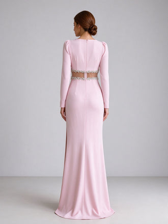 Long Sleeve Crepe Crystal Cutout High Slit Maxi Evening Dress Pink Pink