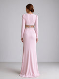 Long Sleeve Crepe Crystal Cutout High Slit Maxi Evening Dress Pink Pink