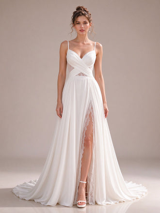 Spaghetti Strap Crossover Ruched Chiffon A-line Wedding Dress with Lace Slit Ivory