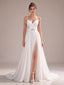 Spaghetti Strap Crossover Ruched Chiffon A-line Wedding Dress with Lace Slit Ivory