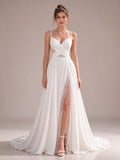 Spaghetti Strap Crossover Ruched Chiffon A-line Wedding Dress with Lace Slit Ivory