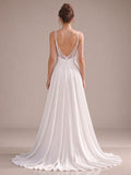 Spaghetti Strap Crossover Ruched Chiffon A-line Wedding Dress with Lace Slit Ivory