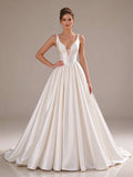 Satin Deep V-neck Ball Gown Wedding Dress with Lace-up Back Ivory