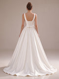 Satin Deep V-neck Ball Gown Wedding Dress with Lace-up Back Ivory
