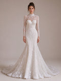 High Neck Long Sleeve Lace Mermaid Wedding Dress with Chapel Train White