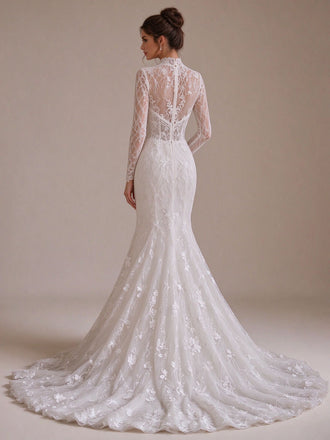 High Neck Long Sleeve Lace Mermaid Wedding Dress with Chapel Train White