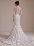 High Neck Long Sleeve Lace Mermaid Wedding Dress with Chapel Train White