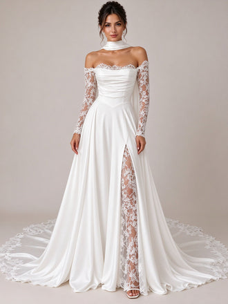 Off-the-Shoulder Satin A-line Wedding Dress with Lace Long Sleeves and High Slit White
