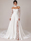 Off-the-Shoulder Satin A-line Wedding Dress with Lace Long Sleeves and High Slit White