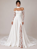 Off-the-Shoulder Satin A-line Wedding Dress with Lace Long Sleeves and High Slit White