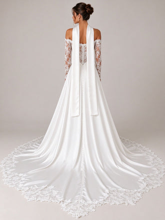 Off-the-Shoulder Satin A-line Wedding Dress with Lace Long Sleeves and High Slit White