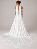 Off-the-Shoulder Satin A-line Wedding Dress with Lace Long Sleeves and High Slit White
