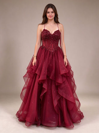 Burgundy Spaghetti Strap Beaded Corset Prom Dress with Ruffled Tulle Skirt Burgundy