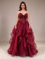 Burgundy Spaghetti Strap Beaded Corset Prom Dress with Ruffled Tulle Skirt Burgundy