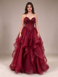Burgundy Spaghetti Strap Beaded Corset Prom Dress with Ruffled Tulle Skirt Burgundy