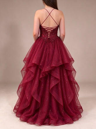 Burgundy Spaghetti Strap Beaded Corset Prom Dress with Ruffled Tulle Skirt Burgundy