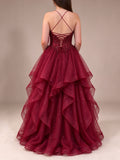 Burgundy Spaghetti Strap Beaded Corset Prom Dress with Ruffled Tulle Skirt Burgundy