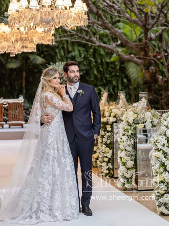 2 In 1 Appliqued Ball Gown Wedding Dress with Detachable Long Sleeves Bolero AWD1924-SheerGirl