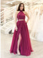 2 Piece Beaded Fuchsia Prom Dresses Long A Line Sexy Slit Tulle Prom Dress APD3398