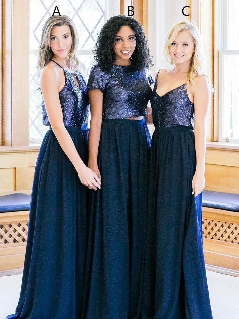2 Piece Cheap Sequins Navy Blue Maxi Mismatched Bridesmaid Dresses with Sleeves PB10114-SheerGirl