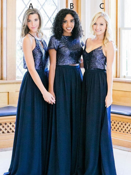 blue mismatched bridesmaid dresses 2 Piece Cheap Sequins Navy Maxi with Sleeves PB10114 Tulle 3