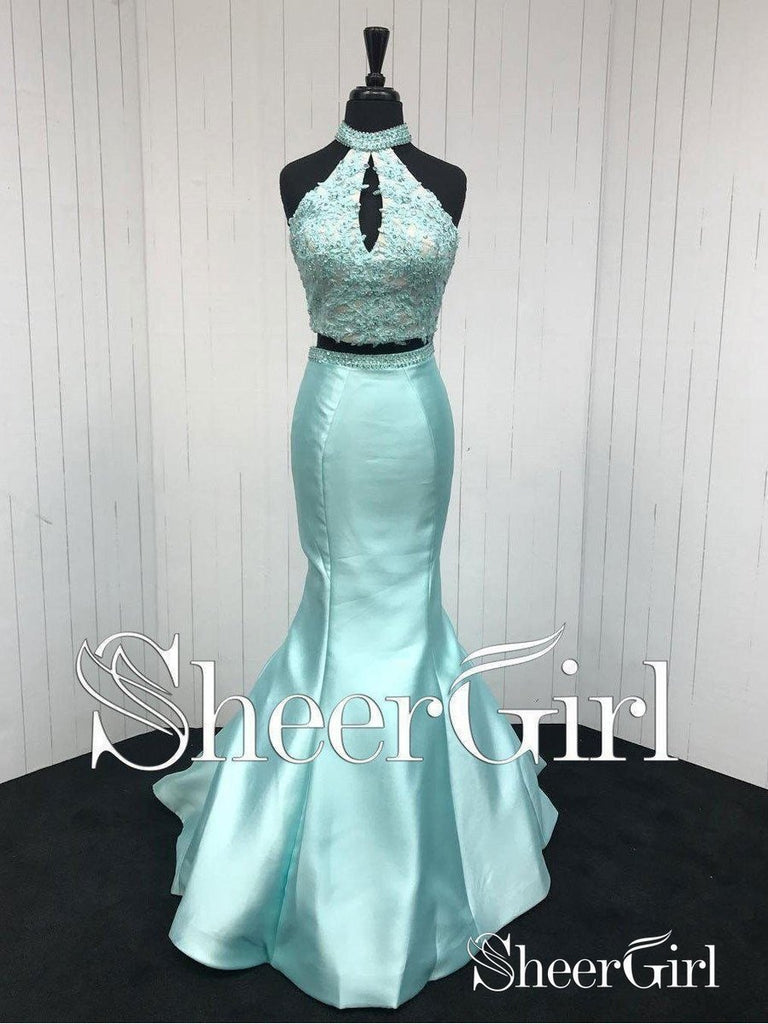 2 Piece Formal Dresses Blue Halter Lace Beaded Mermaid Prom Dresses 2018 APD3284-SheerGirl