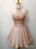 2 Piece Halter Homecoming Dresses 2018 Blush Pink Short Prom Dresses apd1832-SheerGirl