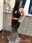2 Piece Long Black Mermaid Prom Dresses Halter Ombre Sequins Sexy Formal Dress APD3381