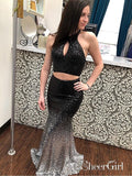 2 Piece Long Black Mermaid Prom Dresses Halter Ombre Sequins Sexy Formal Dress APD3381-SheerGirl