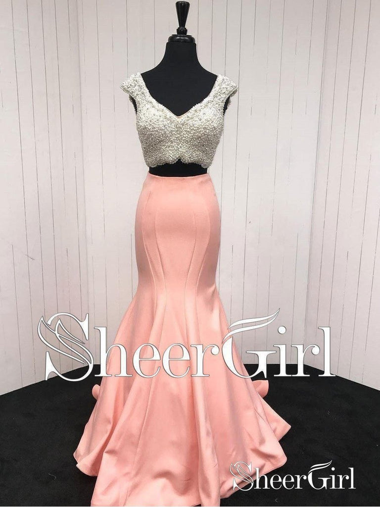 2 Piece Mermaid Prom Dresses for Women Plus Size Coral Formal Dresses 2018 APD3283-SheerGirl