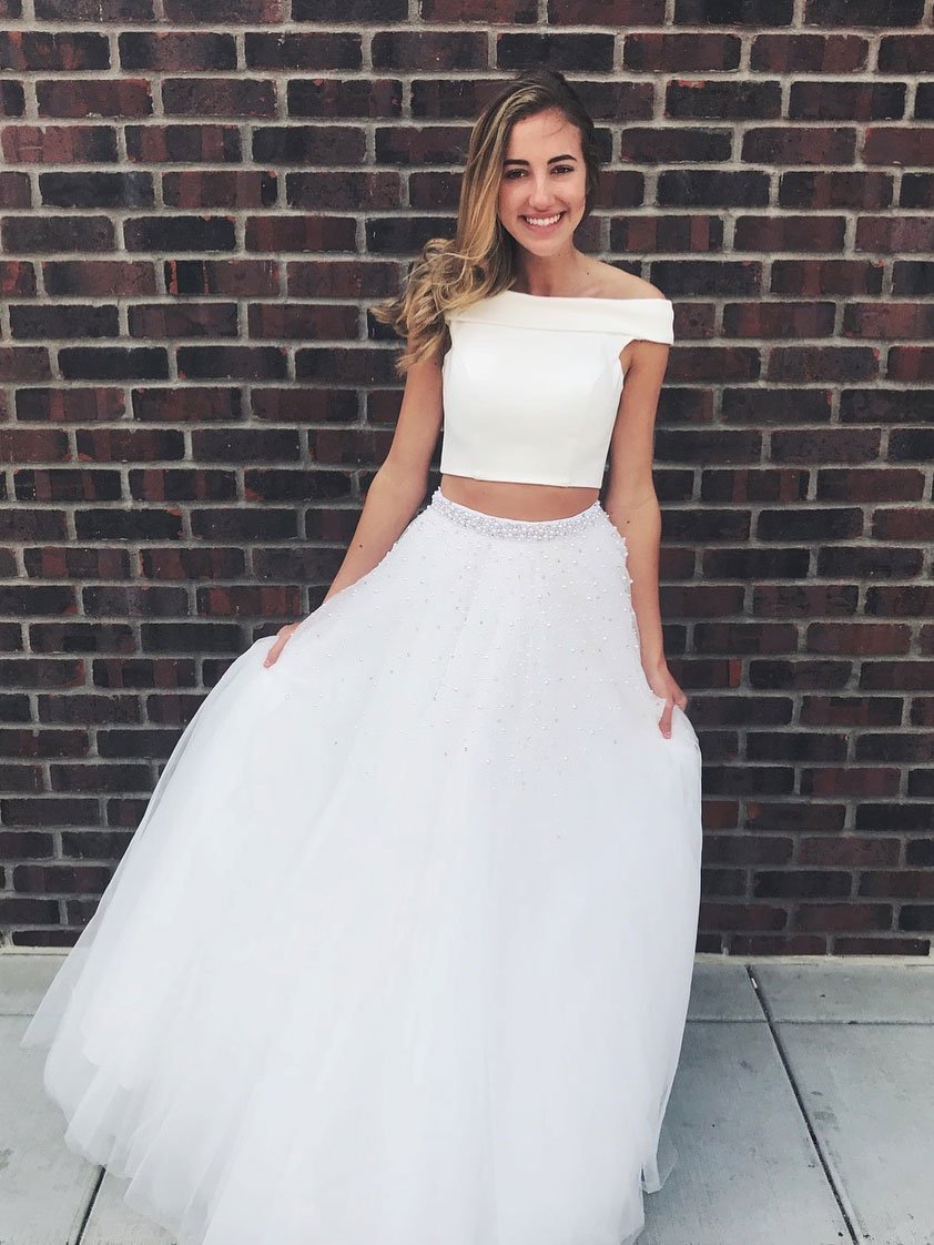 2 Piece Off the Shoulder Prom Dresses Ivory Beaded Tulle Quinceanera Dresses APD3417