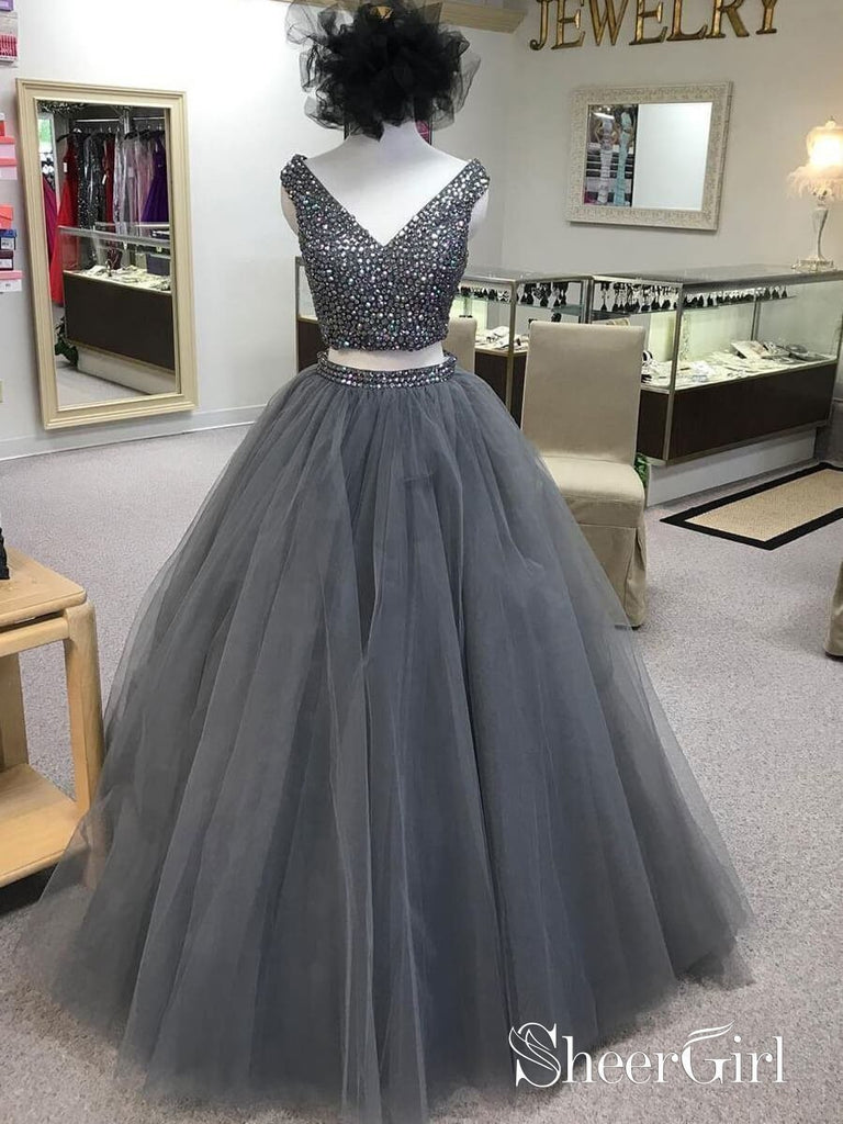 Beautiful Tulle V-neck Neckline 2 Pieces Ball Gown Prom Dresses With  Beadings PD055 – BohoProm