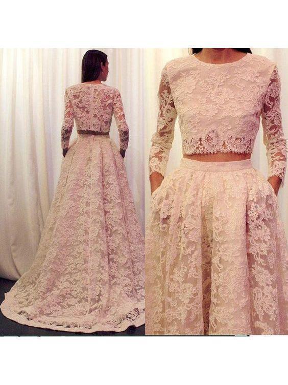 2 Pieces Long Sleeves Lace Wedding Dress with Pocket Vintage Bridal Gown,apd2107-SheerGirl